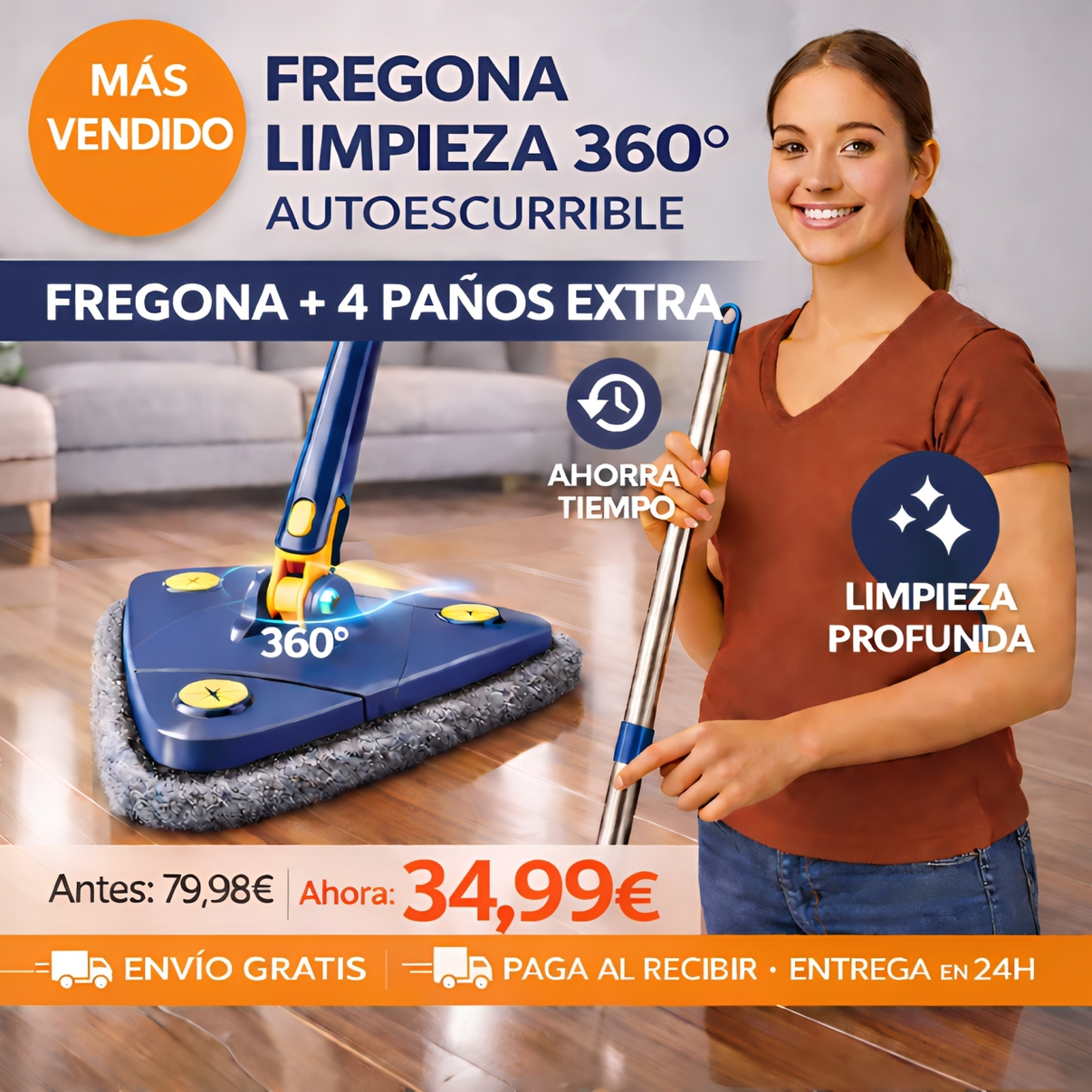 SuperMop® - Fregona 360º Autoescurrible + 4 Paños Extra